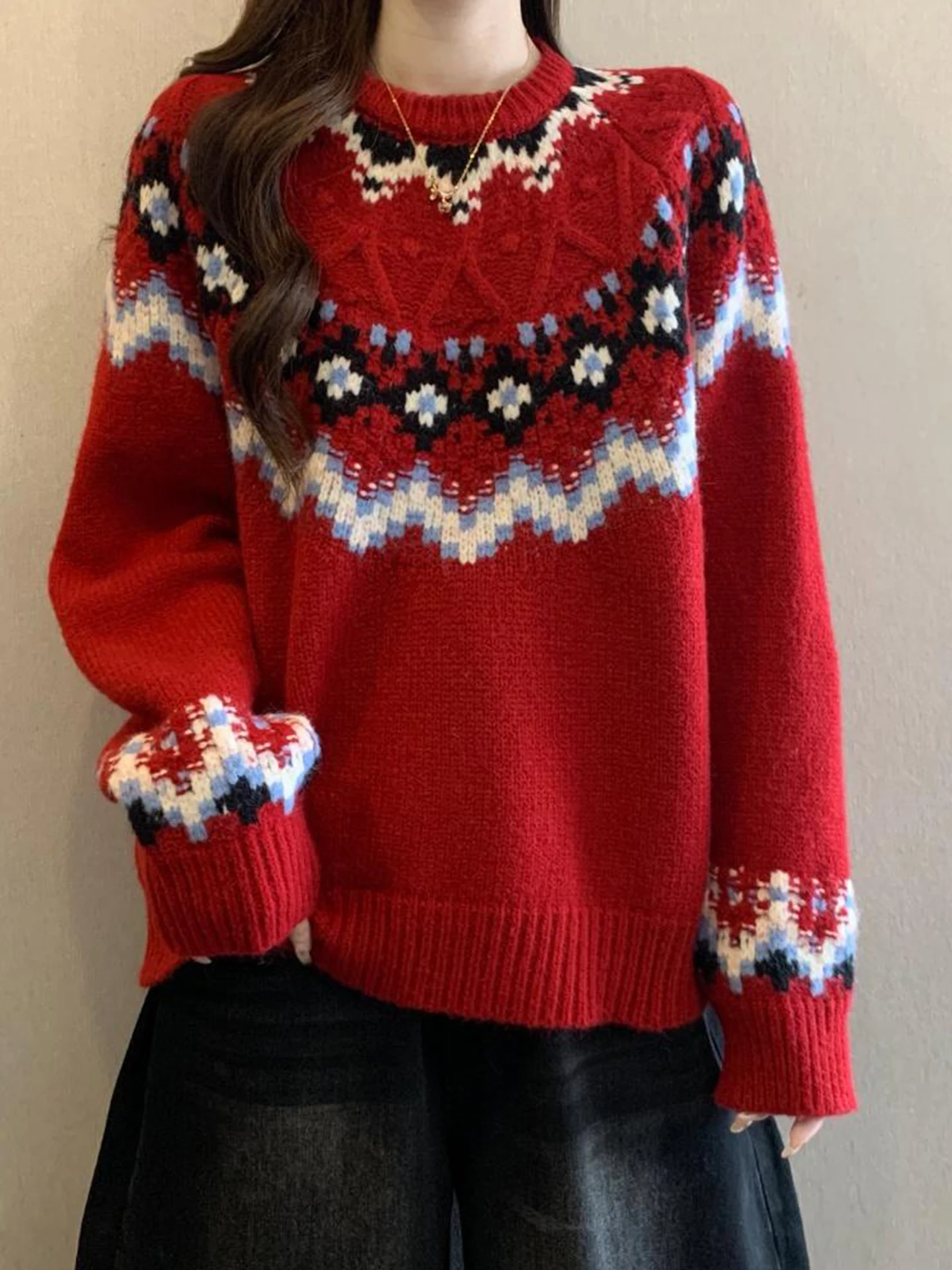 

Retro Fair Isle Knit Sweater Women's Autumn Winter Loose Lazy Beautiful Embroidery Overhead Pullover Thiened Long Sve Top