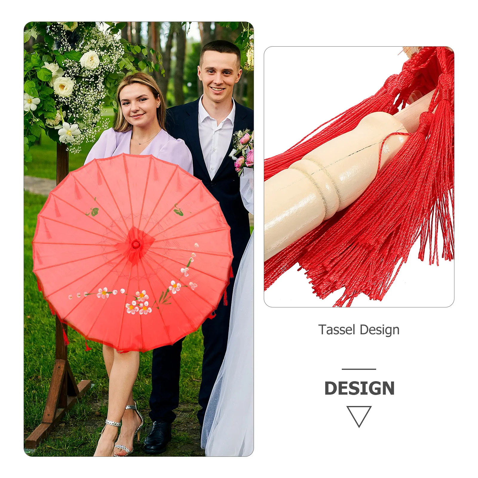 

Tassel Umbrella 82cm Clear Red Solid Wood Rod Decorative Handheld Photography Prop Dance Performance Wedding Supplies