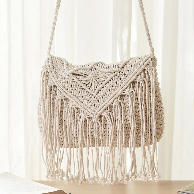 Handmade Cotton Woven Knitted Tassel Crossbody Bag Vintage Shoulder Messenger Bag Female Fashion Beach Summer Handbags 2023 bag