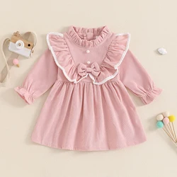 VISgogo 1-5 Years Little Girl Autumn Corduroy Dress Mock Neck Ruffled Long Sleeve Bow Decor A-Line Dress