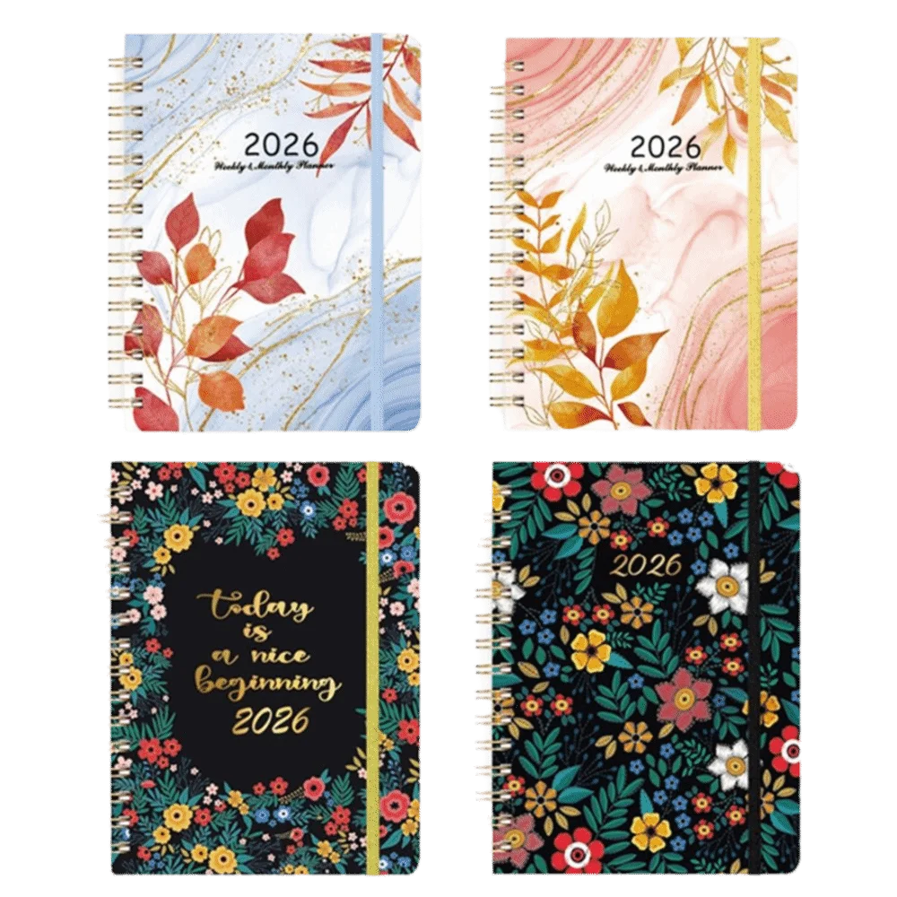 Buku Agenda Planner 2026 dengan Spiral, Desain Sederhana, Ukuran A5, Dilengkapi Jam, untuk Perencanaan Harian