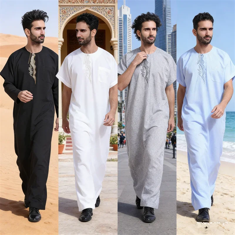 

Muslim Men Thobe Thoub Dress Kaftan Abaya Islmaic Short Sleeve Robe Dubai Saudi Arabia Arab Men Clothes Middle East Eid Djellaba