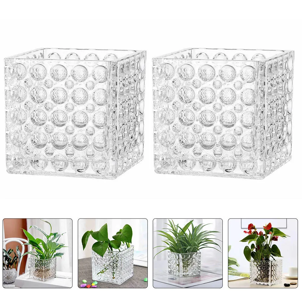 

2Pcs Glass Holders Creative Thickened Square Heat Resistant Hydroponic Decor Succulent Vase Desktop Ornament