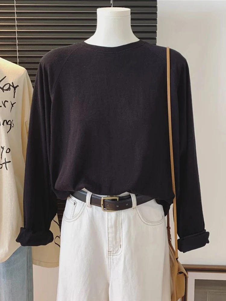 Snowflake Cotton Long Sve T-irt Women's Spring 2024 New Sle Simple Pure Color Loose Base Top Comfortable Korean Sle