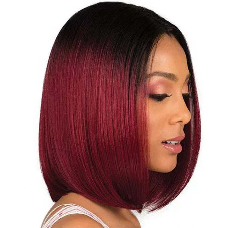 باروكة بوبو على الطراز الأوروبي والأمريكي مع الجزء الأوسط، مقاومة للحرارة، شعر مستعار قصير مستقيم أسود متدرج إلى بورجوندي للنساء