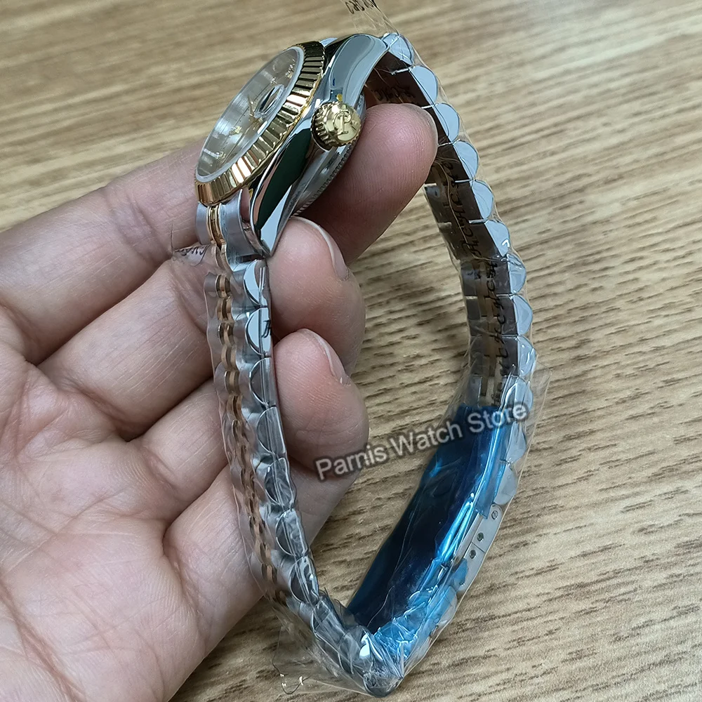 Parnis 26mm Silver Gold ผู้หญิง Sapphire คริสตัล Miyota6T51 อัตโนมัตินาฬิกาข้อมือสแตนเลส Jubilee สร้อยข้อมือ