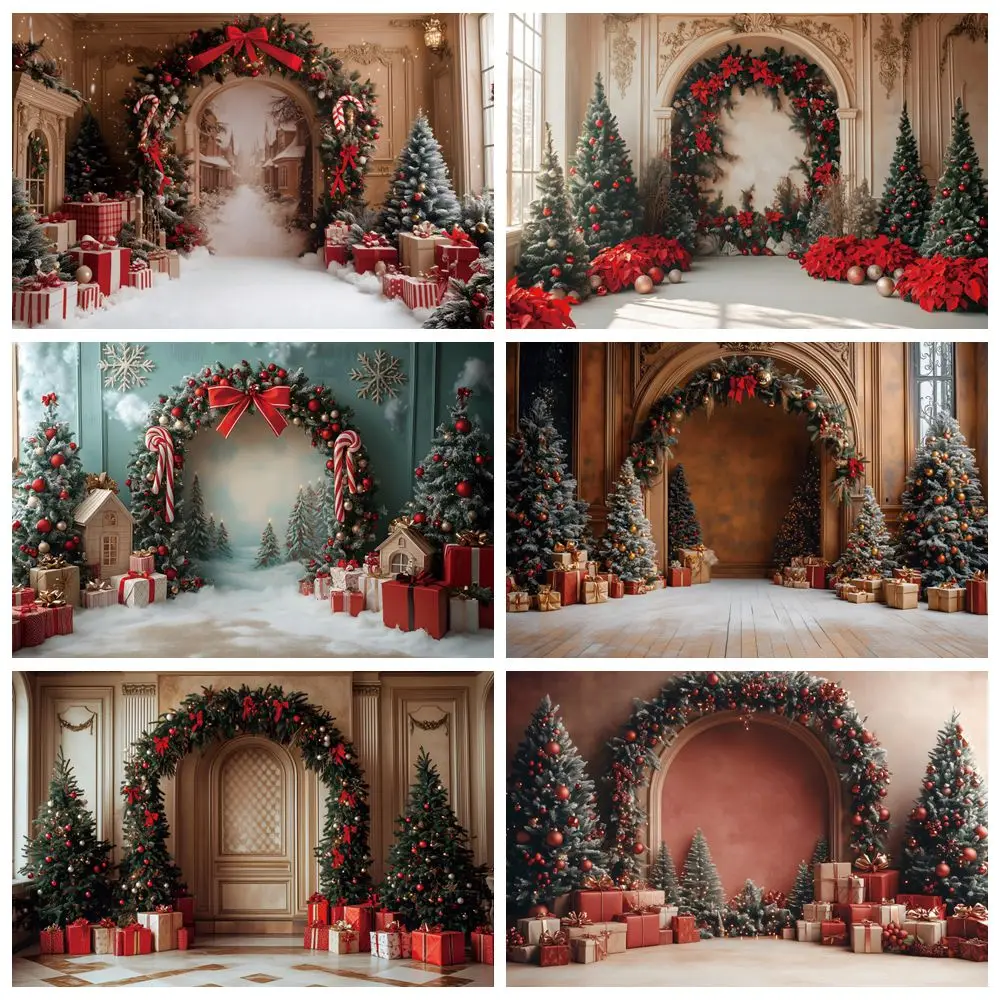 

Christmas Backdrop for Photography Wreath Arch Interior Vintage Wall Xmas Tree Kids Portrait Family Party Photo Background Decor