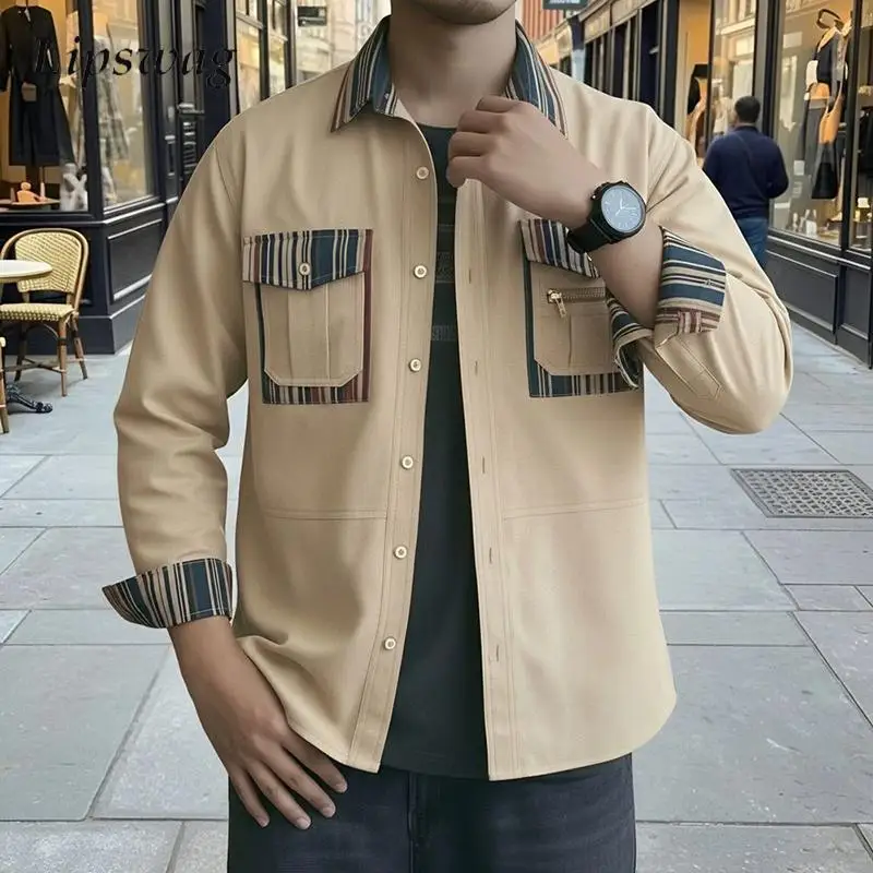 

Stylish Long Sleeve Patchwork Shirts Men Spring Vintage Buttoned Turn-down Collar Shirt Casual Mens Contrast Color Linen Shirts