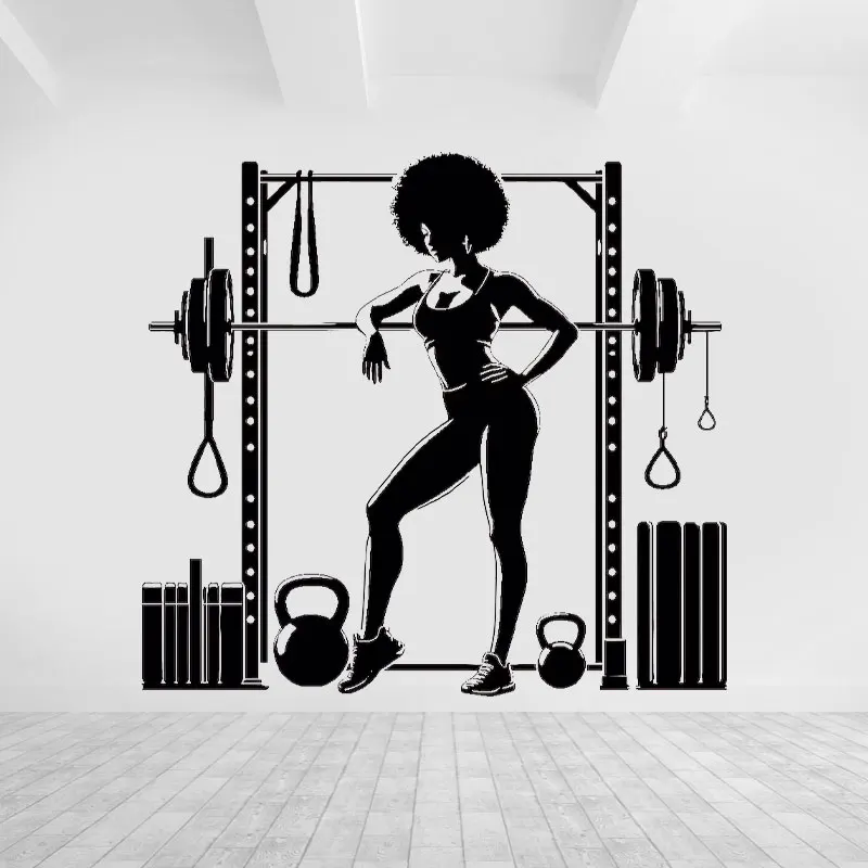 Gym Wall Decal Afro Girl Motivation Crossfit Fitness Girl Wall Sticker Vinyl Home GYM Weightlifting Dumbbells Decor Murals  Z594