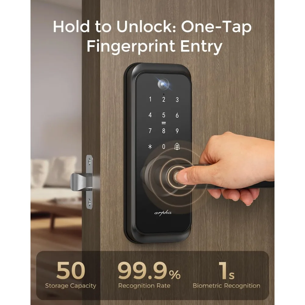 Bloqueio inteligente de vídeo WiFi com câmera e alça - entrada sem chave 6 em 1 (impressão digital/aplicativo/teclado/FOB/chave/câmera), WiFi integrado, 2 vias