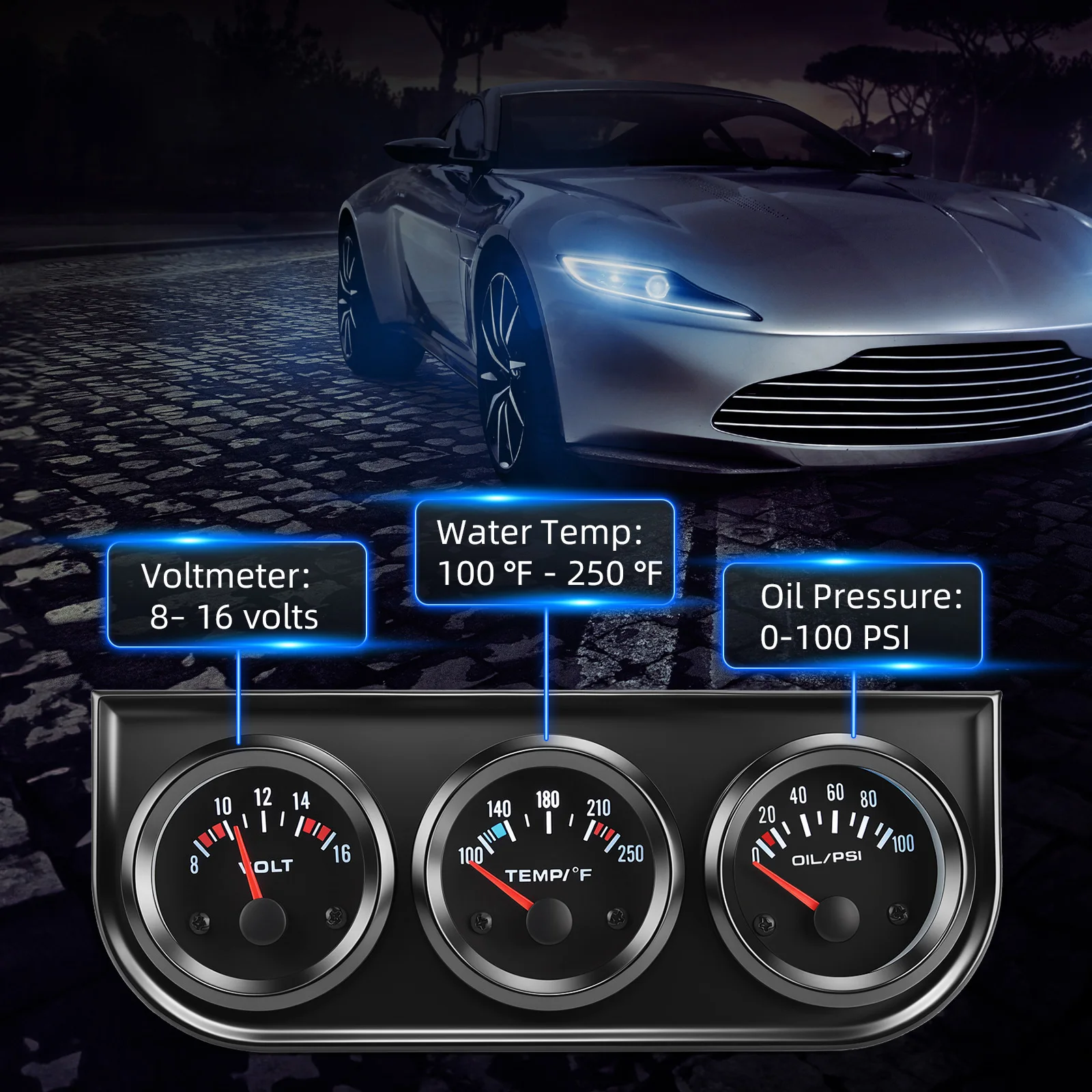 Car Mechanical Gauge Set with Sensor Oil Pressure ​3 in 1 Triple Kit Water Temp Gauge 0~100 PSI＆Voltmeter For 12V Car Truck SUV