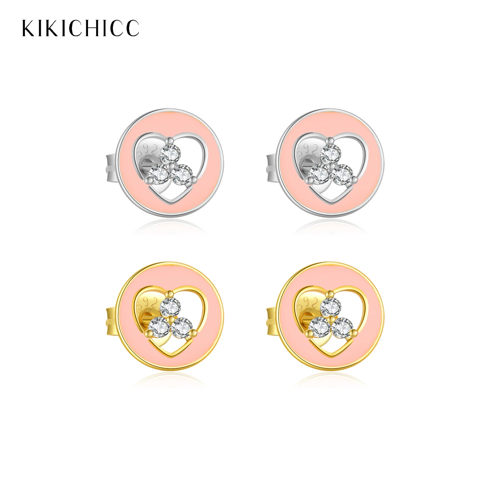 KIKICHICC 925 Sterling Silver Pink Enamel Zircon CZ Heart Three Love Life Stud Earring Women Luxury Fashion Fine Wedding Jewelry