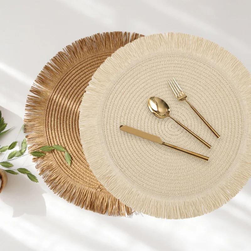 Round Jute Placemat Linen Paper Woven Fringe Table Mat Coffee Tea Pad Environmental Protection Heat Insulation Mat Home Decor