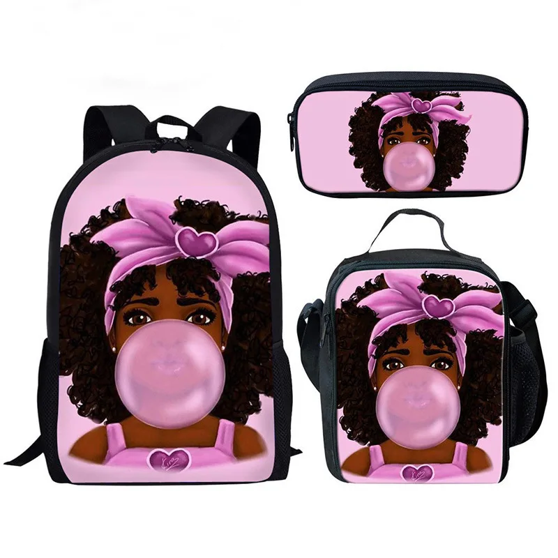 

2026 Cartoon African girl 3pcs/Set Backpack 3D Print School Student Bookbag Travel Laptop Daypack Lunch Bags Pencil Case
