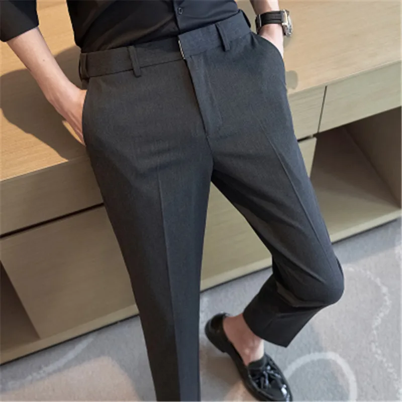 Men Suits Pants Adjust Waist Slim Fit Men\'s Formal Suits Trousers Ankle Length Slacks Costume Homme Social Trousers Male Clothes