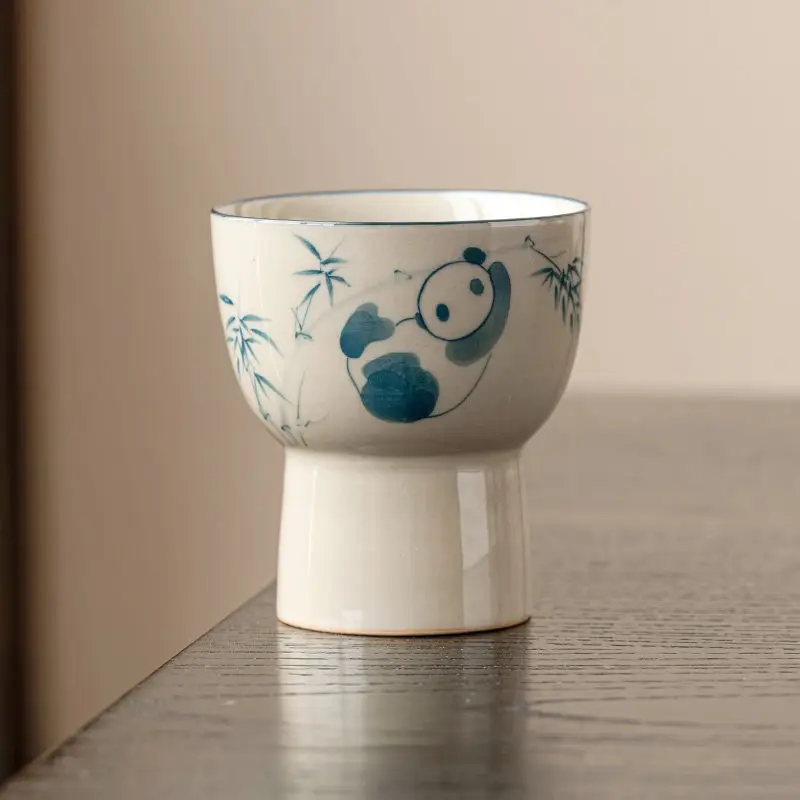 

Grass And Ash Hand-Painted Panda, Bamboo, High Footed Cup, Ceramic Teacup