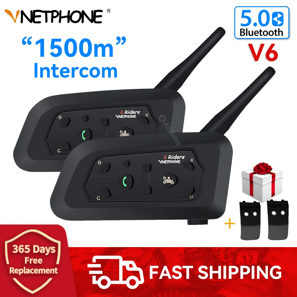 

Vnetphone V6 Bluetooth Motorcycle Helmet Intercom Headset Waterproof IP65 Full Duplex Interphone Communicator for 6 Riders GPS