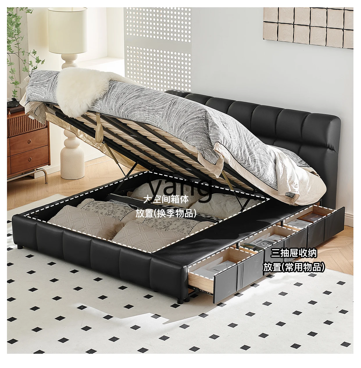 LMM Italian minimalist leather master bedroom double bed black retro high box storage 1.8 meters wedding bed