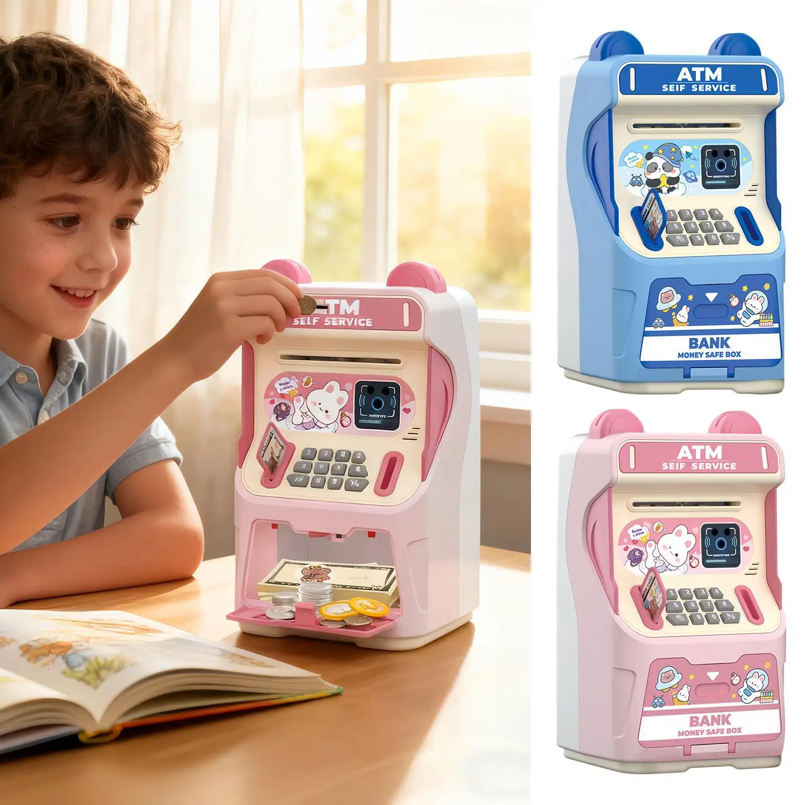 Jouets éducatifs de banque ATM avec reconnaissance faciale, fente pour carte simulée, banque ATM automatique à rouler l'argent pour garçons et filles, maison