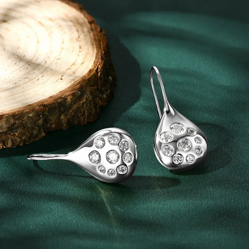 Anziw 1.6cttw Moissanite Dangle Hook Earrings 925 Silver for Women 2024 Trendy Large Teardrop Earrings Texture Jewelry Gift GRA