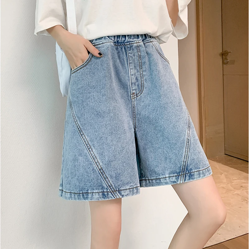

Casual Summer Bermuda Denim Shorts For Woman Loose Big Size Wide Leg Jeans Short Femme Elastic Waist Midi Baggy Shorts Women