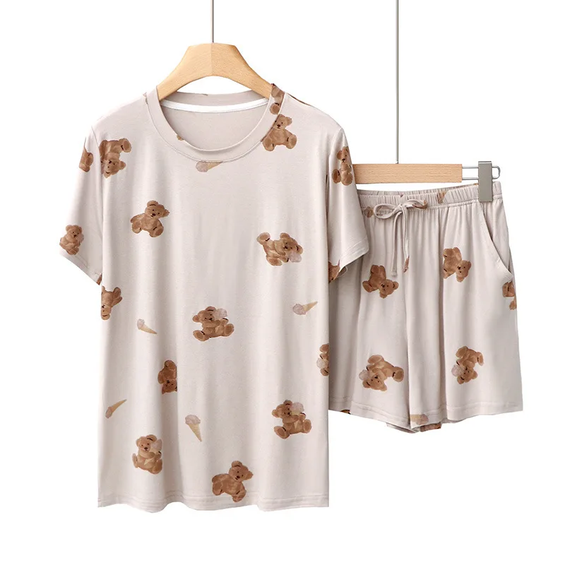 2024 New Japan Style Cute Bear Printed Pajama Set O-neck Short Sleeve Tee+ Belt Elastic Waist Shorts Women Two Piece Set Summer