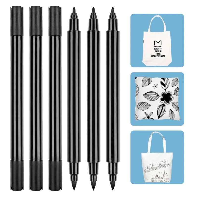 6Pcs  Double Tip Fabric Marker No Fading No Bleeding, Double Tip Black Fabric Paint Pen for Clothes Hat Canvas Bag Shoes F19E