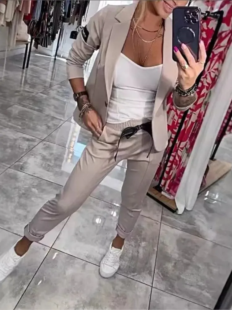 

Pure Color Waist Splicing Strap Set Women's Casual Sportswear Two-Piece Suit Long Sleeve Flip-Collar Overhead Polyester Fiber