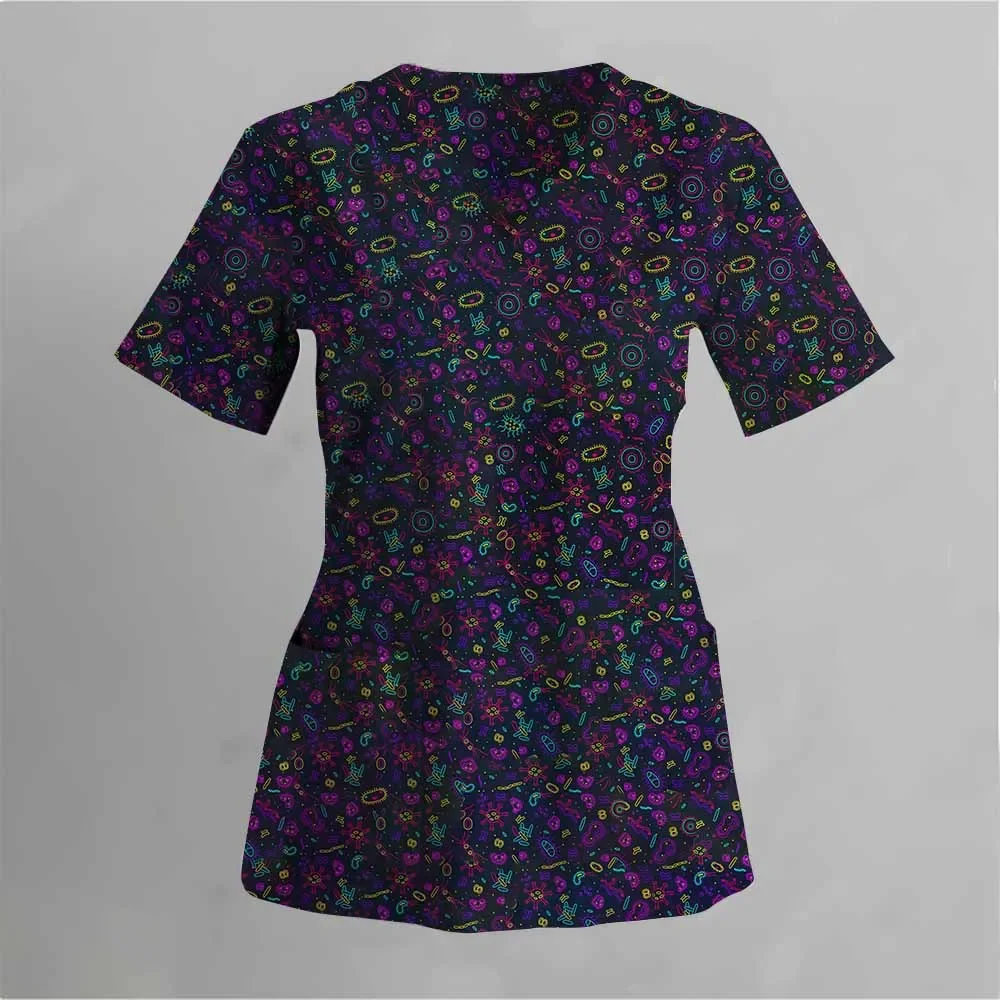 ملابس عمل للعناية بالحيوانات الأليفة مطبوعة برسوم كارتونية، بلوزة نسائية بأكمام قصيرة ورقبة على شكل حرف V، قميص جراحي للسيدات، تي شيرت طبي للممرضة