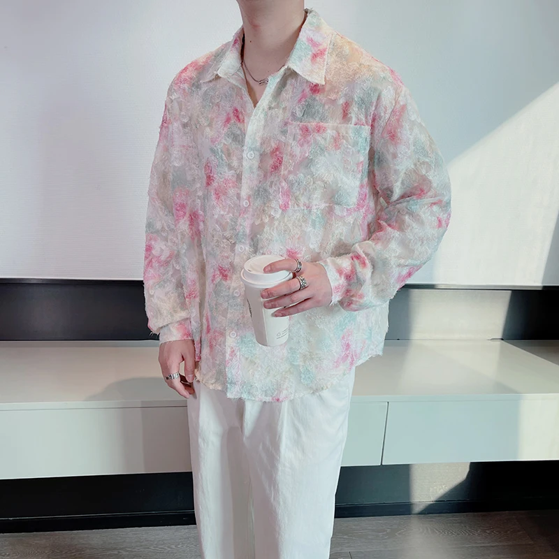 Korean version of niche design sense men's floral shirt long sleeve trend thin loose sunscreen shirt