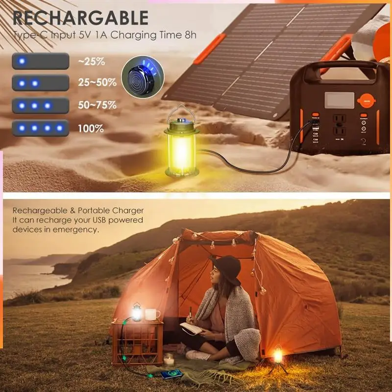 A92Z USB Rechargeable Portable Lantern Camping Light Flashlight Handheld LED Light Outdoor Waterproof 3 Color Light Source