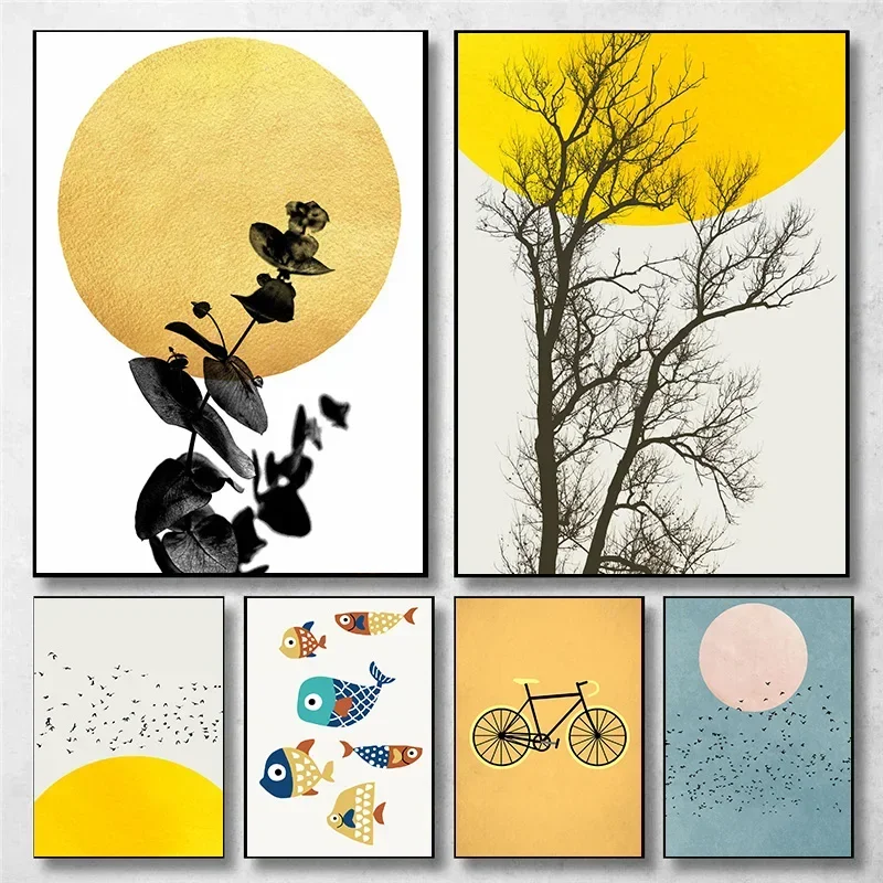 1pc frameless,Modern Minimalist Boho Style Trees Birds Sun Landscape Art Poster Canvas Painting Wall Prints Picture for Living R