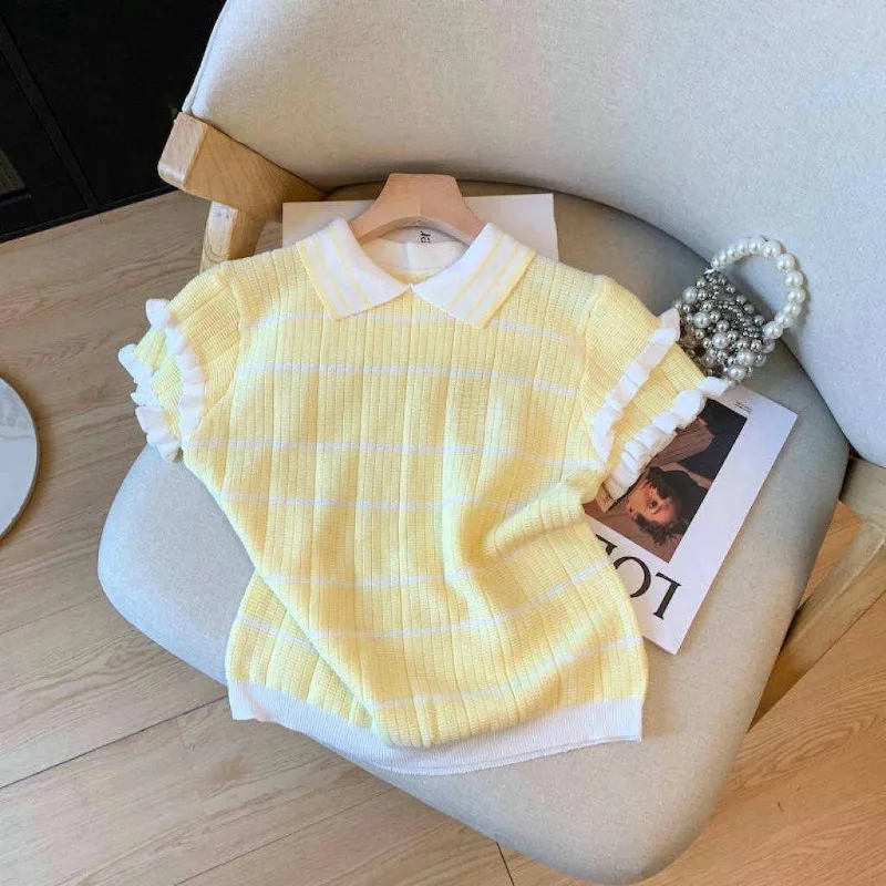 Sommer Neue Damenmode Kontrastfarbenes Rüschen-Streifen-Oberteil mit Umlegekragen und Kurzen Ärmeln, Lässiges Strick-Poloshirt – Detail 5
