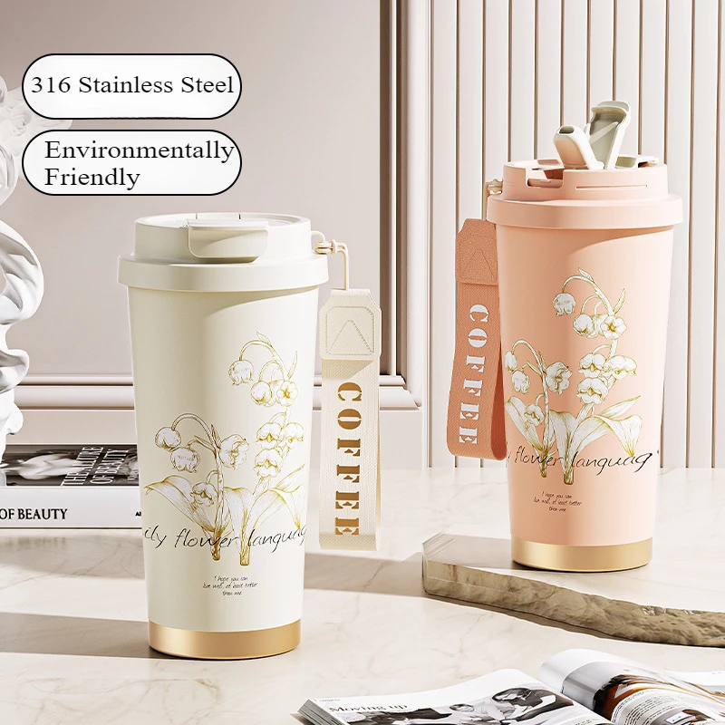 316 Lily the Valley Blumen-Kaffeetasse, rote Rose, Blumen-Vakuumbecher, Sport-Wassertasse, sicherer, isolierter Trinkbecher für den Außenbereich, Kaffeetasse