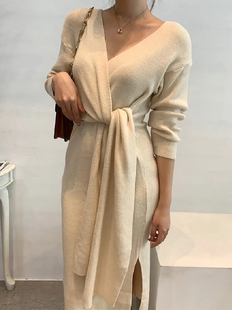 

Solid Thick Sweater Dress Women Knitted 2022 Winter Warm Elegant Woman Korean Clothing Dresses Vintage Autumn Vestido Feminino