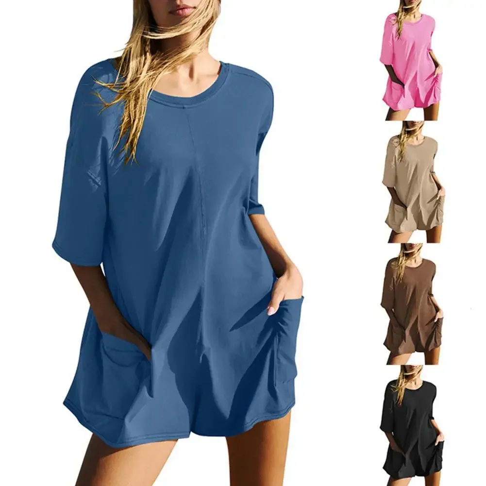 Loose Fit Women Romper Stylish Summer Women's Romper with Deep Crotch Big Pockets V-shaped Back Casual Daily Short for Comfort