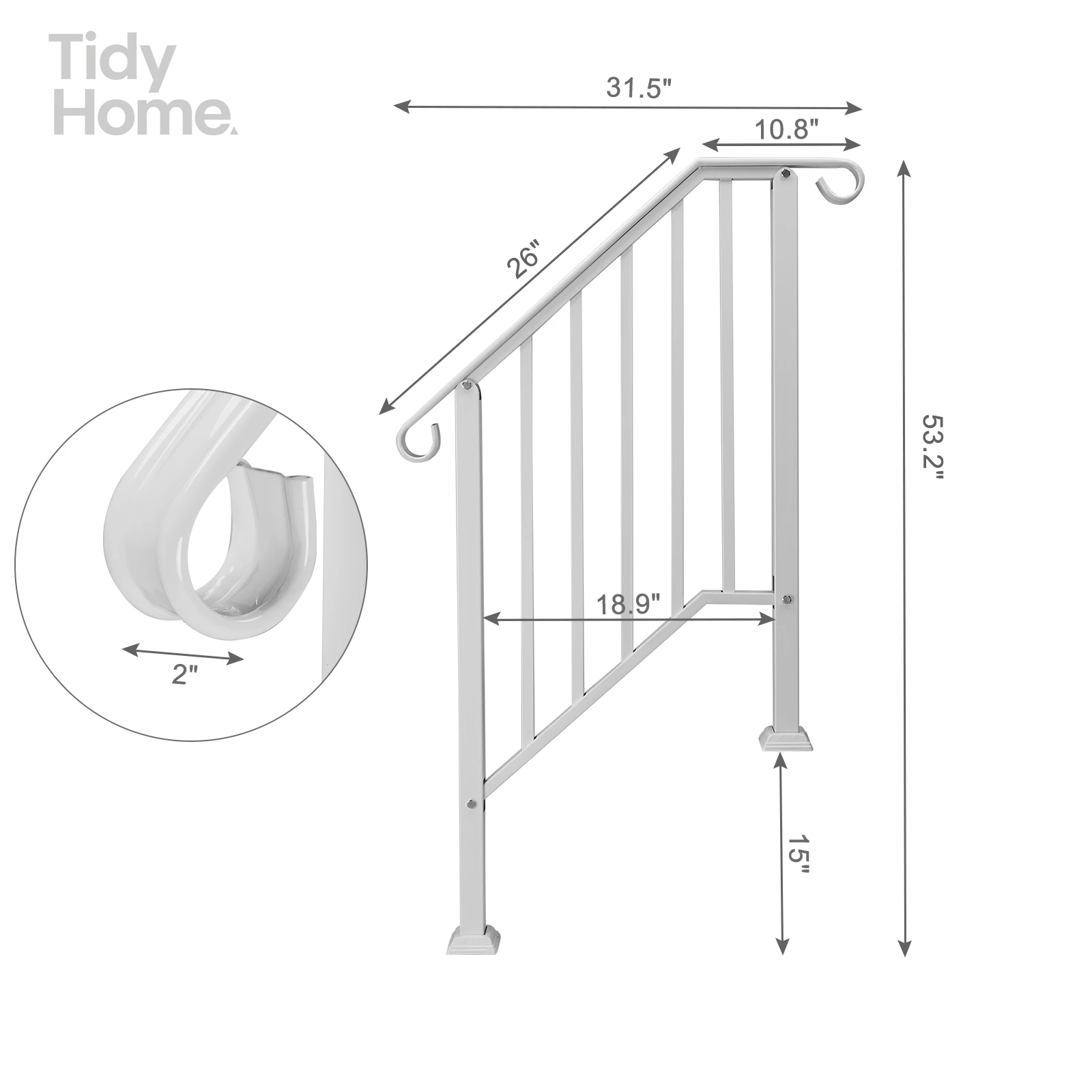 Handrails for Outdoor Steps, Iron Handrail Fits 2 Step, Transitional Handrail with Installation Kit, White