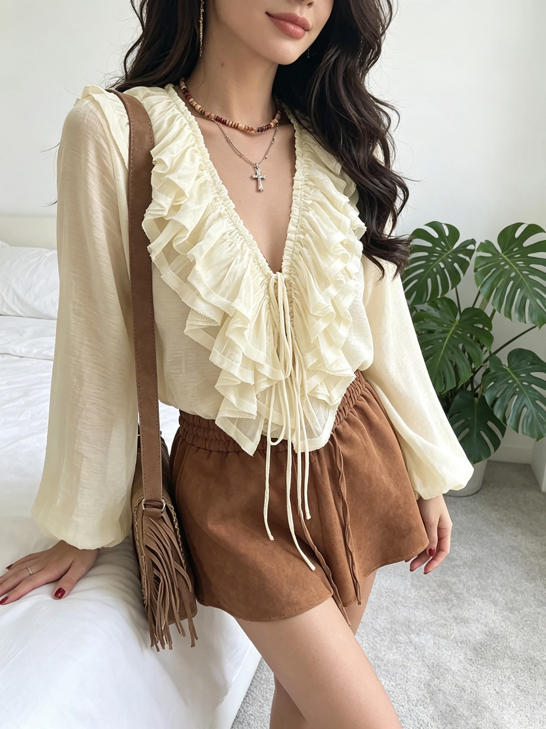 Summer Sheer Poet Shirt Women Loose Long Sleeve Blouse, Ruffle Deep V Neck Elegant Casual Top for Beach Vacation Date Party Outf