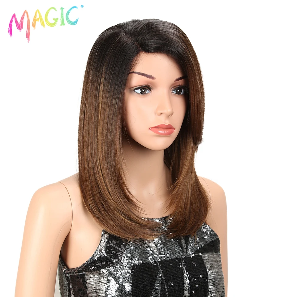 Magic Synthetic Wigs Short BOB Side Part Lace Wig High Temperature Fiber Soft Ombre Natural Straight Wig For Women