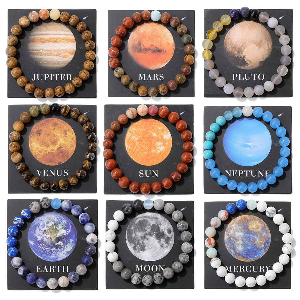 Solar System Galaxy Natural Stone Bracelet Men Women Universe Eight Planets  Earth Moon Saturn Couple Bracelet Jewelry Gift