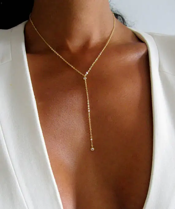 simple factory wholesale jewelry gold color delicate LONG lariat Y bezel cz two cz Y necklace