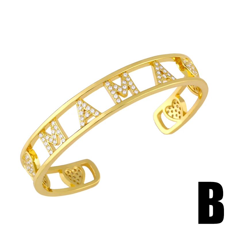 FLOLA Gold Plated Amor MaMa Cuff Bangles Bracelets For Women White Stone Bangle Cubic Zirconia Luxury Jewelry Gifts brtc85