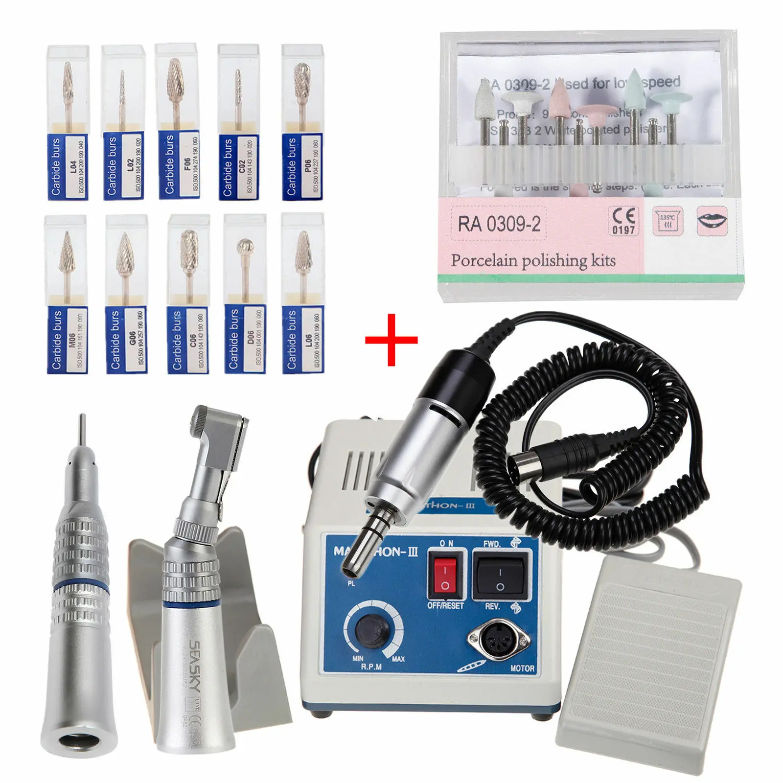 

Dental Lab Marathon Electric Micromotor Polishing 35K RPM+Low Speed Contra Angle Straight Nosecone Handpiece/10pcs Drills/Burs