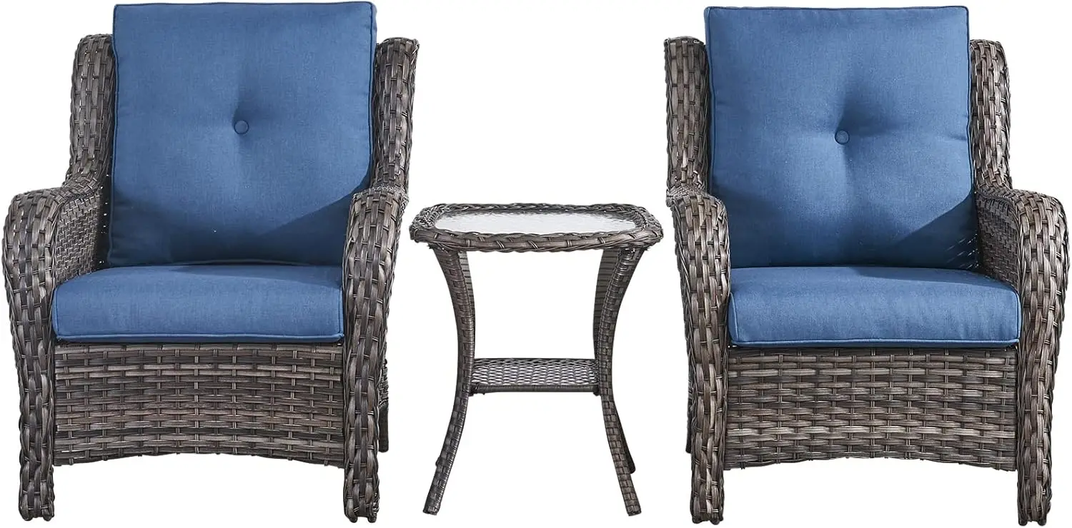 Patio Bistro Set Wicker Chairs - 3 Piece Outdoor Rattan Conversation Set With 2 Armrest Chair And 1 Side Table For Proch Deck