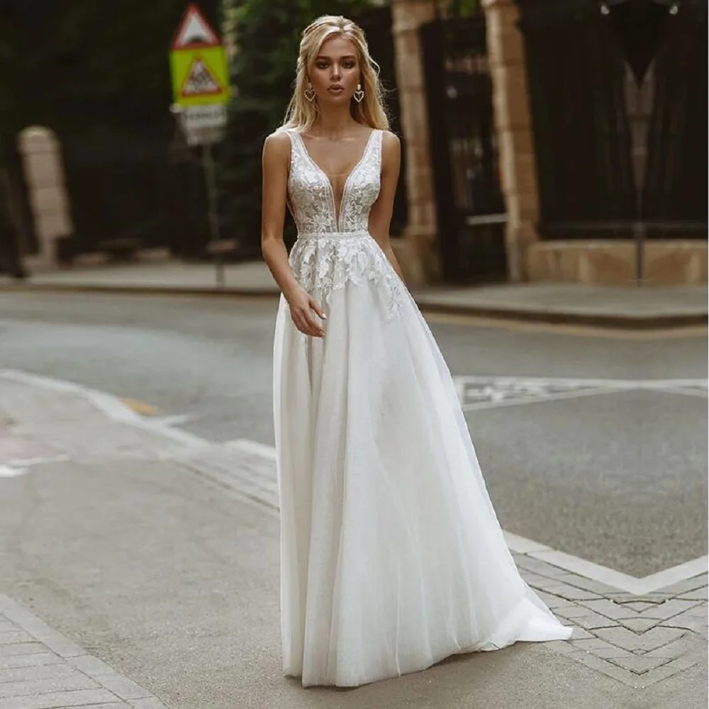 ZJ6053 Eightale Boho Wedding Dresses V-Neck Appliques Lace A-Line Tulle Wedding Gown Beach Simple Bridal Dress