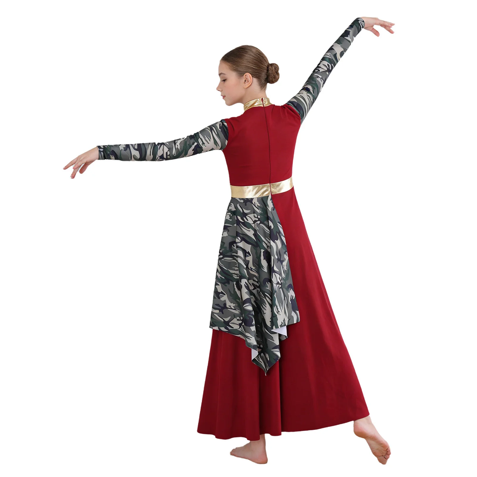 

Kids Worship Liturgical Praise Dance Dress Girls Stylish Printed Long Sleeve Asymmetrical Invisible Zipper Lyrical Dance Dress
