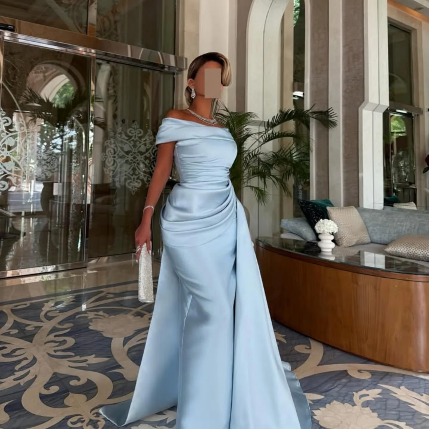 

Blue Off Shoulder Evening Dresses Long Sleeves Wedding Dresses Stain Prom Dress Sequins Beaded Party Dress Customized 2025
