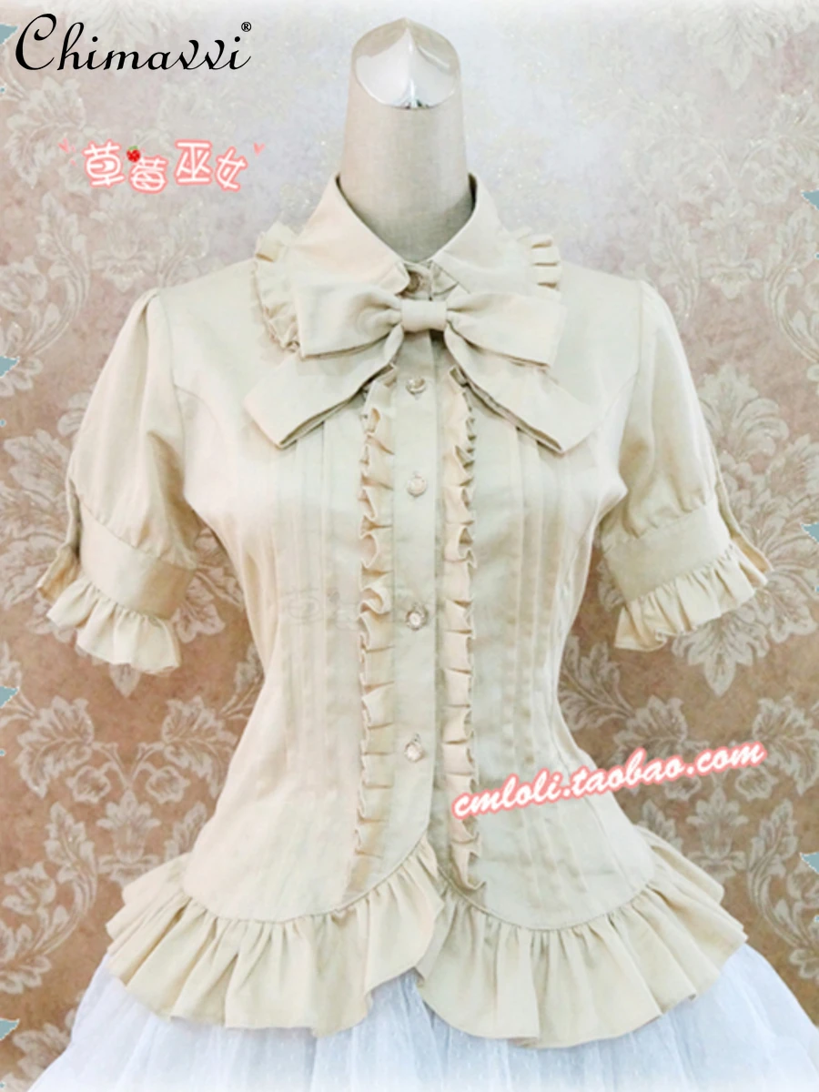 

Fashion Lolita Pleated Turn-down Doll Collar Short-Sleeved Shirt 2024 Spring and Summer New Cute Slim-Fit Elegant Blouse Tops