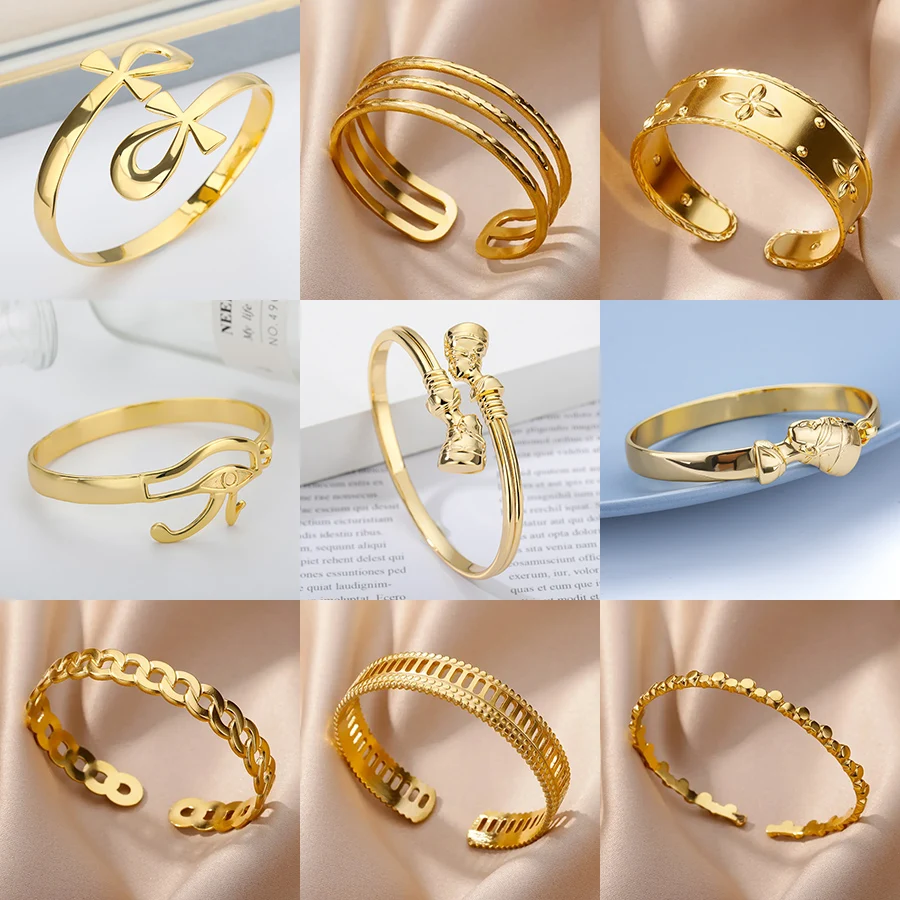 Egyptian Boho Stainless Steel Bracelet Bangles for Women Men Vintage Nefertiti Cross Gold Color Cuff Bracelet Christmas Jewelry