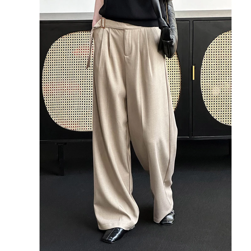 2023 Women Spring High Waist Wide Leg Long Pants Belt Design Fashion Clothes Pants Female Long Trousers